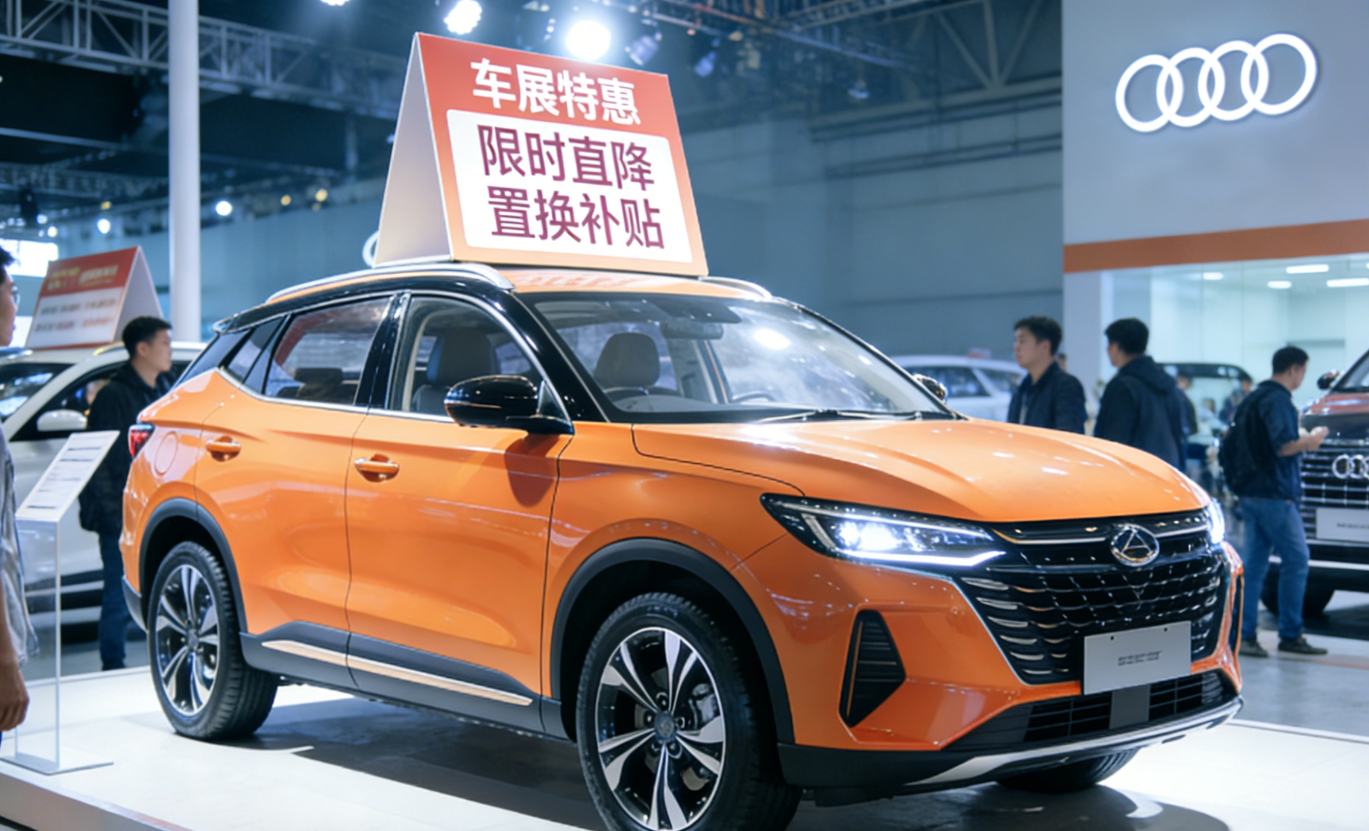 车展现场品牌促销政策展板,显示限时直降、置换补贴等购车优惠