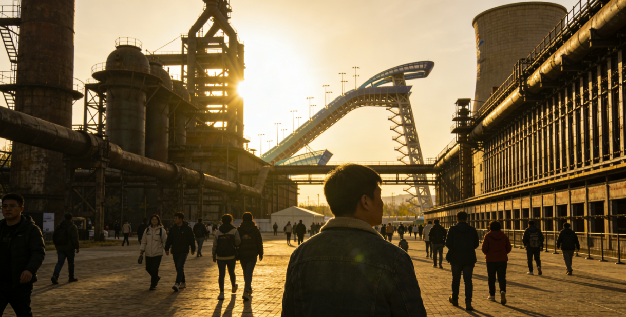 观众家庭在首钢园内散步，车展后游览园区