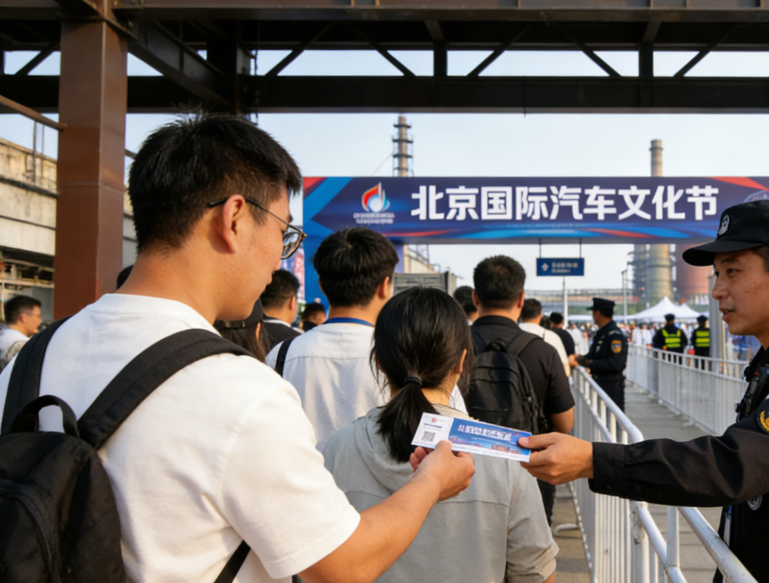 北京国际汽车文化节工作人员热情引导观众入场