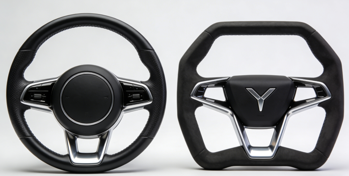 汽车圆形方向盘特写，圆形设计经过百年验证，转向更精准省力